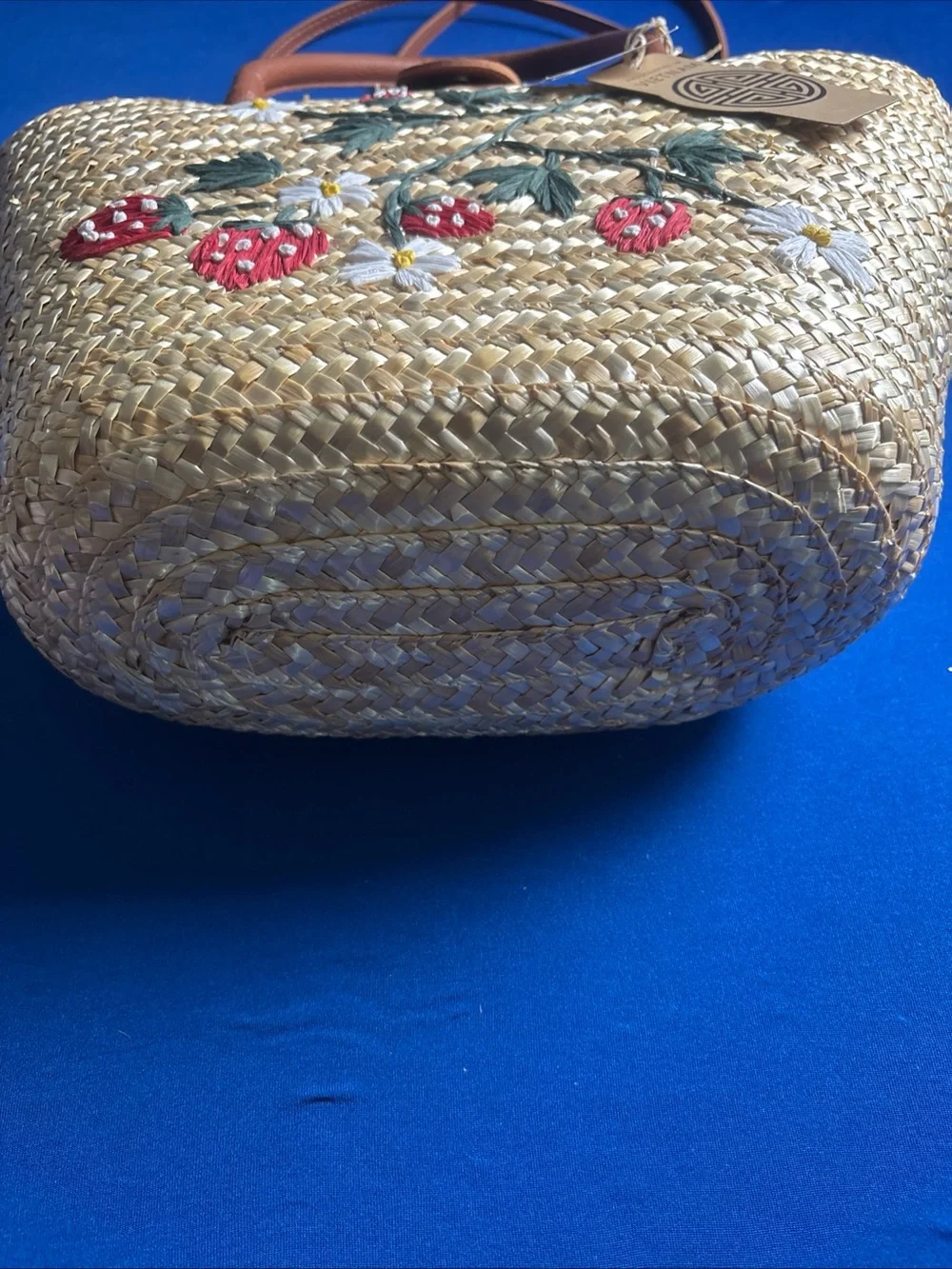 Source Unknown Straw Tote with Red Strawberry Embroidery and Tan Handles